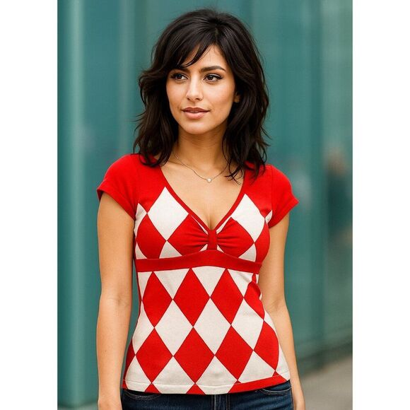 Vintage 90s Forever 21 Cherry Red/White Argyle V-Neck Top - Picture 1 of 7